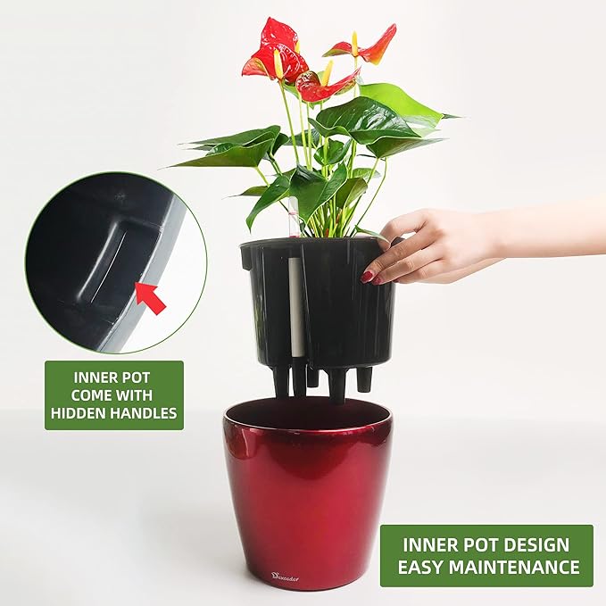 Dexceder 9x8 Inches High Gloss Self Watering Planter Indoor Outdoor, Inner Pot Design, Thickened Table Flower Plant Pot with Water Level Indicator (Red)-Ruum Studio Home