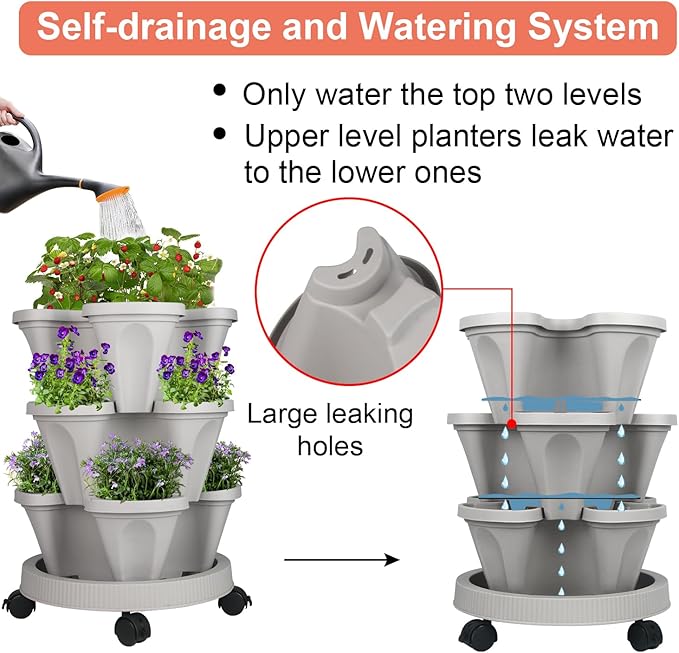 Vertical Planter 3 Tier Stackable Planters Garden Planters Strawberry Herb Flower and Vegetable Planter Indoor Outdoor Gardening Pots with Removable Wheels and Tools-Ruum Studio Home