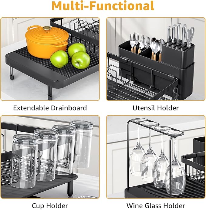 Dish Drying Rack for Kitchen Counter, Expandable Large Capacity Dish Rack with Drainboard, Wine Glasses Holder, Space Saving Organizer, Black-Ruum Studio Home