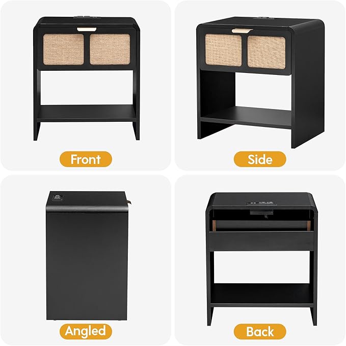 LEVNARY Nightstand Set of 2, Mid-Century Modern Bedside Table with Charging Station and Fabric-Like Textured Drawer, Wooden End Table for Farmhouse Bedroom Living Room (2, Black)