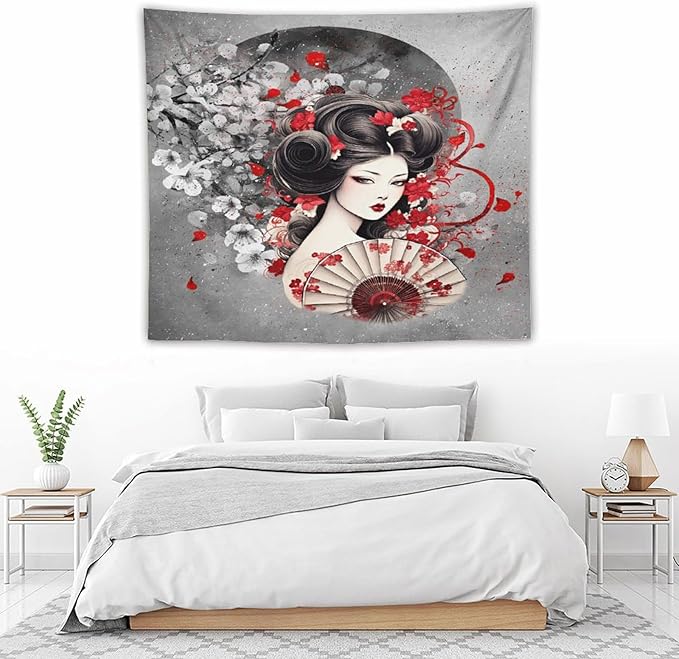 Japanese Geisha Tapestry Asian Red Cherry Blossom Red Sun Traditional Kimono Folk Tapestries Home Decor for Living Room Bedroom Apartment Farmhouse Dorm 60"x50"-Ruum Studio Home