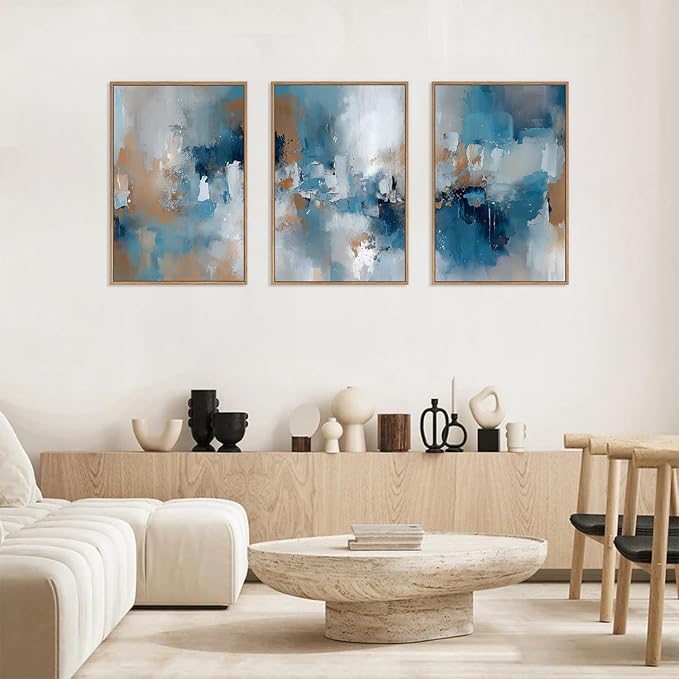 HLNIUC Large Blue Abstract Framed Canvas Wall Art,Blue and Brown Brush Strokes Wall Decor Set of 3(16”x24”)Neutral Modern Wall Painting,Watercolor Minimalist Abstract Art Print for Living Room,Bedroom-Ruum Studio Home