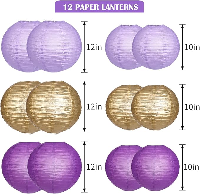 Paper Lanterns Decorative, Purple Lavender Gold Hanging Round Chinese Lanterns with Lights for Graduation Bachelorette Theme Birthday Party 12 LED Light Pack of 12-Ruum Studio Home