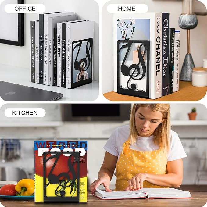 Book Ends for Shelves and Heavy Books - Metal Bookends Black 3 Pair, Shelf Holder Home Decorative, Stoppers for Kitchen Cooking Lover Gifts-Ruum Studio Home