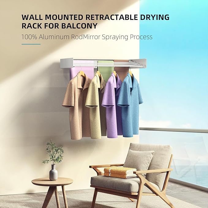 Laundry Drying Rack Collapsible, Wall Mounted Clothes Drying Rack, Space Saving Drying Rack for Laundry, 40" Wide, 16.5 Linear Ft, 5 Aluminum Rods, 60 lb Capacity (White 40")-Ruum Studio Home