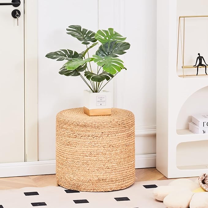 Wimarsbon 18'' Ottoman Pouf, Natural Braided Poof, Rustic Handweave Lounge Pouffe, Boho Footrest Stool for Bedroom, Accent Table or Seat for Living Room (Natural-LD)-Ruum Studio Home