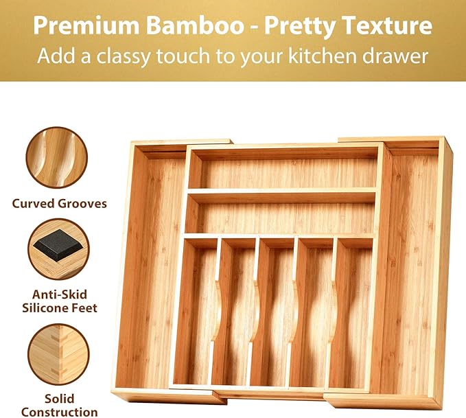 Umilife Large Expandable Kitchen Silverware Utensils Drawer Organizer, 2.5" Extra High Adjustable Drawer Divider with Curved Grooves, Bamboo Wood Cutlery Tray Flatware Holder-Ruum Studio Home