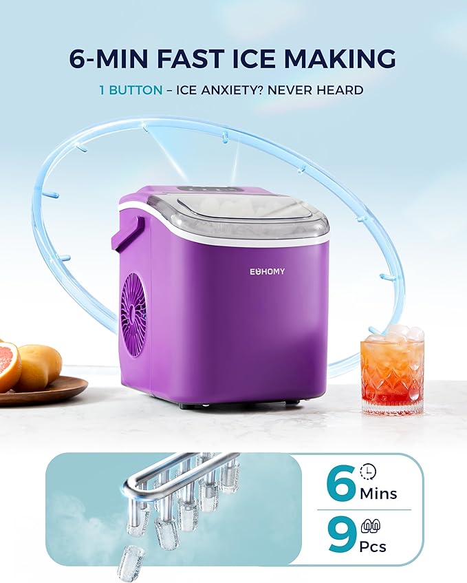 EUHOMY Countertop Ice Maker Machine with Handle, 26lbs Per Day, 9 Ice Cubes Ready in 6 Mins, Auto-Cleaning Portable Ice Maker with Basket and Scoop, for Home/Kitchen/Camping/RV (Purple)-Ruum Studio Home