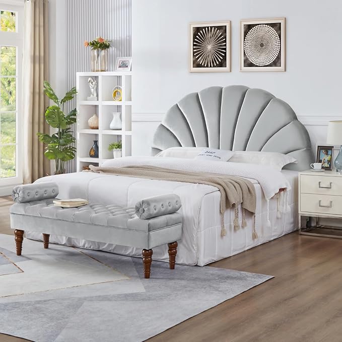 24KF Stunning Crown Design King Headboard, Upholstered Soft Velvet Petal Pattern Headboard King/CA King-Gray-Ruum Studio Home