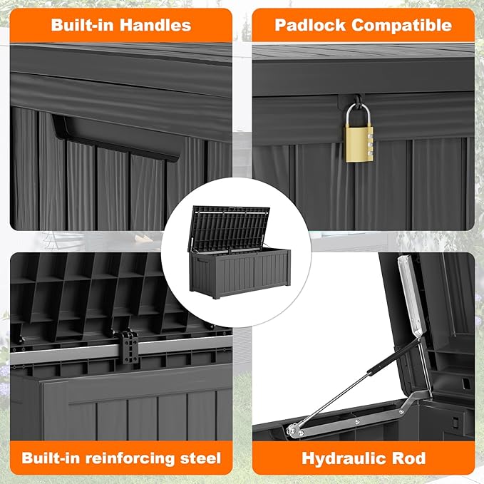 120 Gallon Resin Deck Box, Lockable Patio Outdoor Storage Box for Furniture, Garden Tools and Tools Storage, Waterproof Outside Storage Boxes - Black-Ruum Studio Home