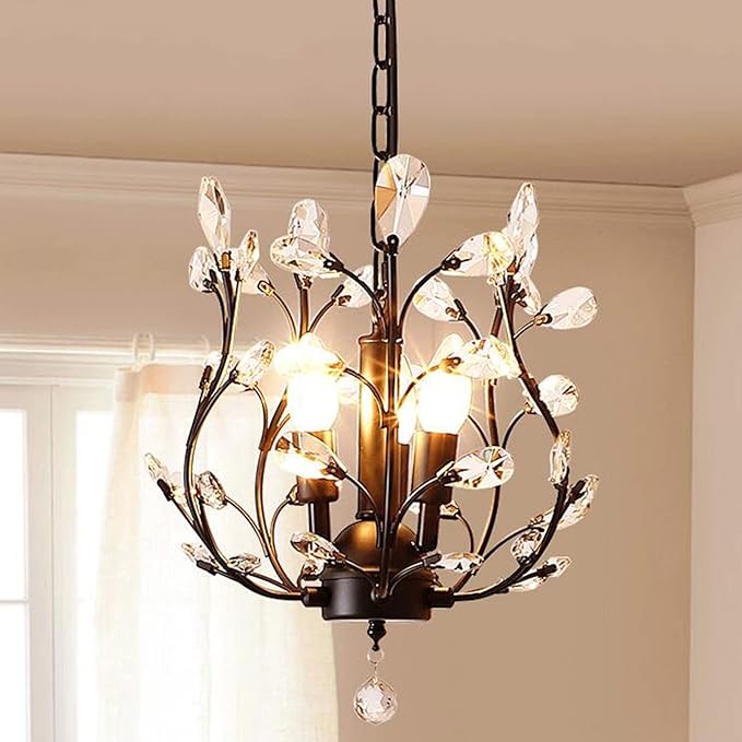 Ganeed Vintage K9 Clear Crystal Chandeliers,Ceiling Lighting,Pendant Lighting Flush Mounted Fixture with 3 Light for Living Room Dinning Room Restaurant Porch Hallway (Black)-Ruum Studio Home