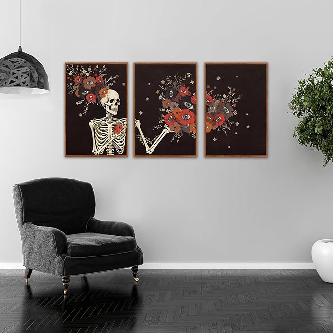 KAIRNE Gothic Skull Wall Art,Halloween Skeleton Canvas Set of 3(16”x24”),Scary Skull Painting,Horror Floral Botanical Prints,Romantic Spooky Halloween Wall Art for Living Room Bedroom Goth Party Decor-Ruum Studio Home