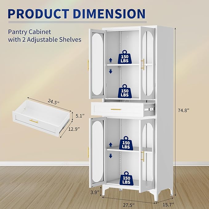 75” Tall Kitchen Pantry Storage Cabinet, Metal Storage Cabinet with 1 Drawer and Adjustable Shelves, Kitchen Pantry Cupboard, Freestanding Cupboard for Bathroom (White-4 Doors and 1 Drawer)-Ruum Studio Home