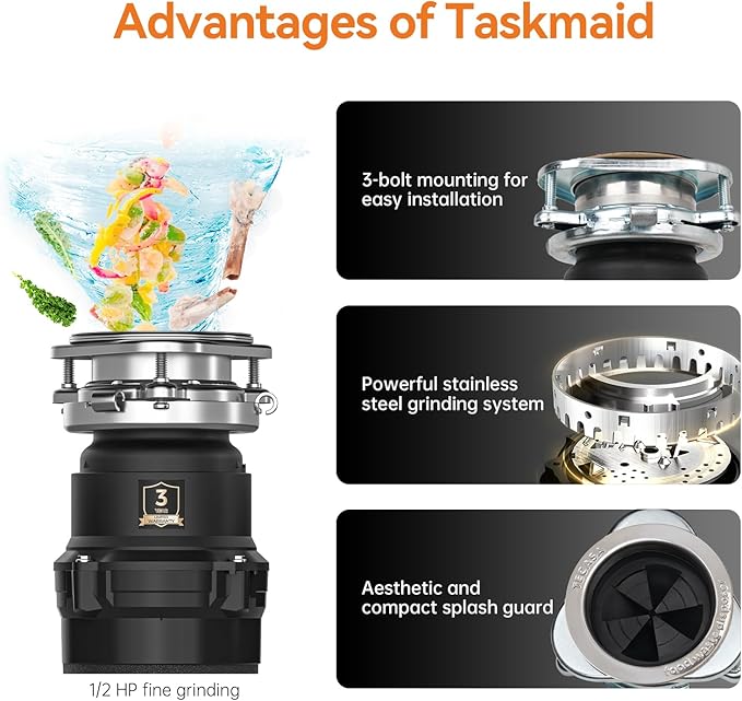 1/2 HP Garbage Disposal, TECASA Food Garbage Disposal with Power Cord, Stainless Steel Grinding System and 3-Bolt Mounting, Continuous Feed Compact Garbage Disposals, UL Certified, Taskmaid Series 50-Ruum Studio Home