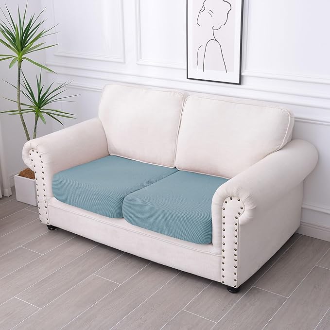 hyha Waterproof Couch Cushion Covers for Pets, Non Slip Sofa Seat Cover for Dogs Washable, Soft Thick Stretch Jacquard Fabric, Sofa Slipcovers with Elastic Bottom (2 Pieces, Lake Blue)-Ruum Studio Home