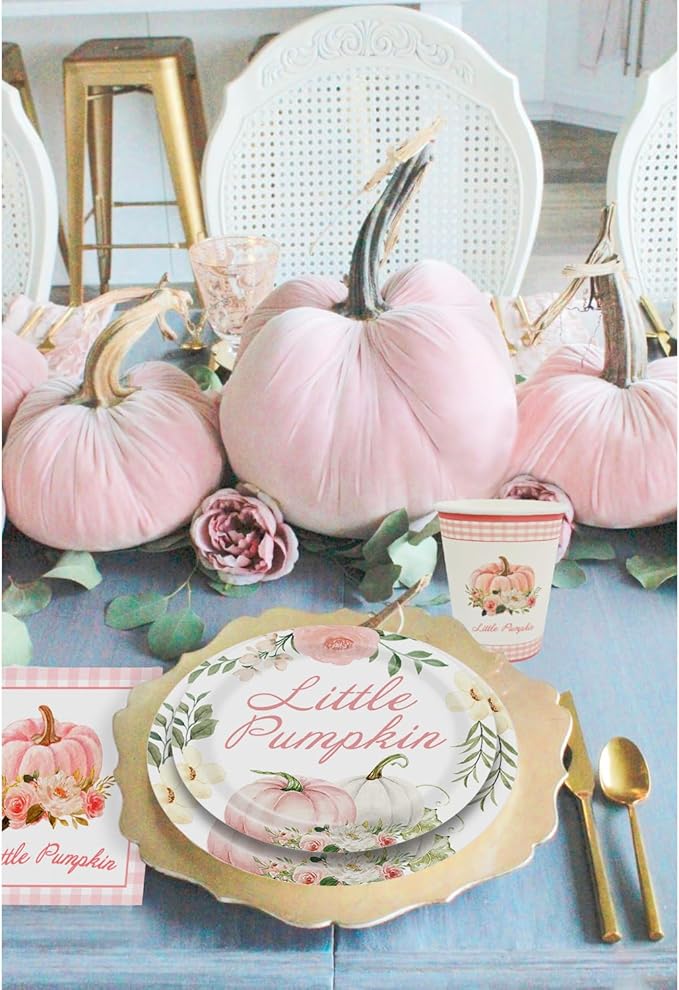 Aukolass Pumpkin Party Supplies Tableware Set - Fall Theme Party Decorations Including Plates, Napkins and Cups for Pumpkin Birthday and Baby Shower Party, Serves 24 Guests (pink)-Ruum Studio Home