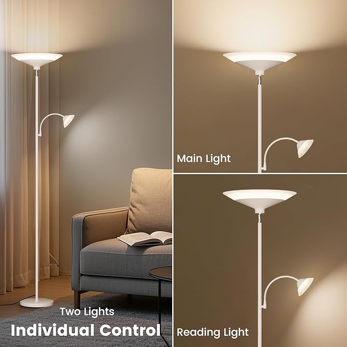 Upgraded 2-Light Torchiere Floor Lamp - 34W Color Changing Standing Lamp with Remote, Rotatable Floor Reading Light, Modern Standing Light with for Living Room Bedroom Office, White-Ruum Studio Home