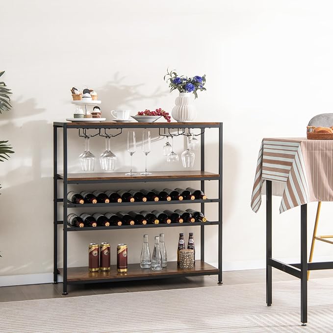 GOFLAME Industrial Wine Rack Table, Wine Bar Cabinet with 2-Tier Wine Rack, 4 Row Glass Holder and Storage Shelves, Freestanding Floor Liquor Storage Stand for Kitchen, Dining Room, Rustic Brown-Ruum Studio Home