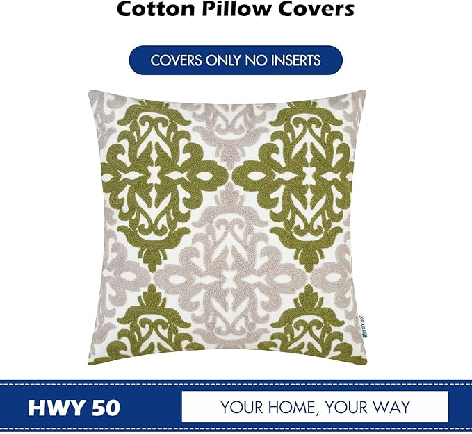 HWY 50 Green Decorative Throw Pillow Covers 18x18 Inch (1 Piece), Embroidered Cotton Farmhouse Cushion Cover Pillow Case for Sofa Couch Living Room Bed Bedroon, Floral Geometric-Ruum Studio Home