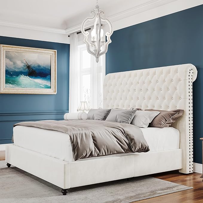 PaPaJet Bed Frame Queen Size Upholstered Platform Bed with 52.8'' Tall Sleigh Headboard, Button Tufted, No Box Spring Needed, Easy Assembly, Cream-Ruum Studio Home