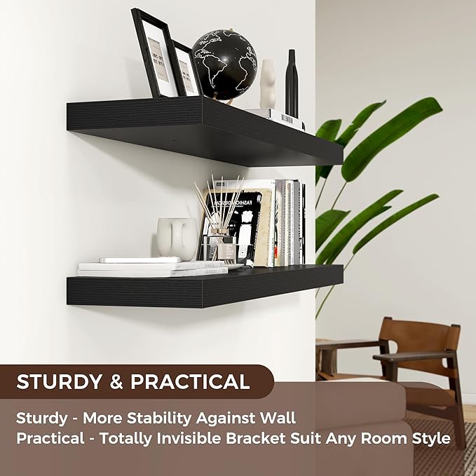 Floating Shelves - 2 Large Wall Mounted Shelves with Invisible Brackets, Long Wood Floating Wall Shelf for Living Room, Bedroom, Kitchen (Black, 48" W x 9" D x 1.5" H)-Ruum Studio Home
