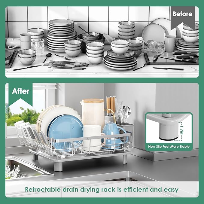 MOUKABAL Dish Drying Rack - Stainless Steel Dish Rack, Dish Racks for Kitchen Counter, Drying Rack Kitchen with Removable Utensil Holder, Drainboard and Glass Organizer (Grey)-Ruum Studio Home