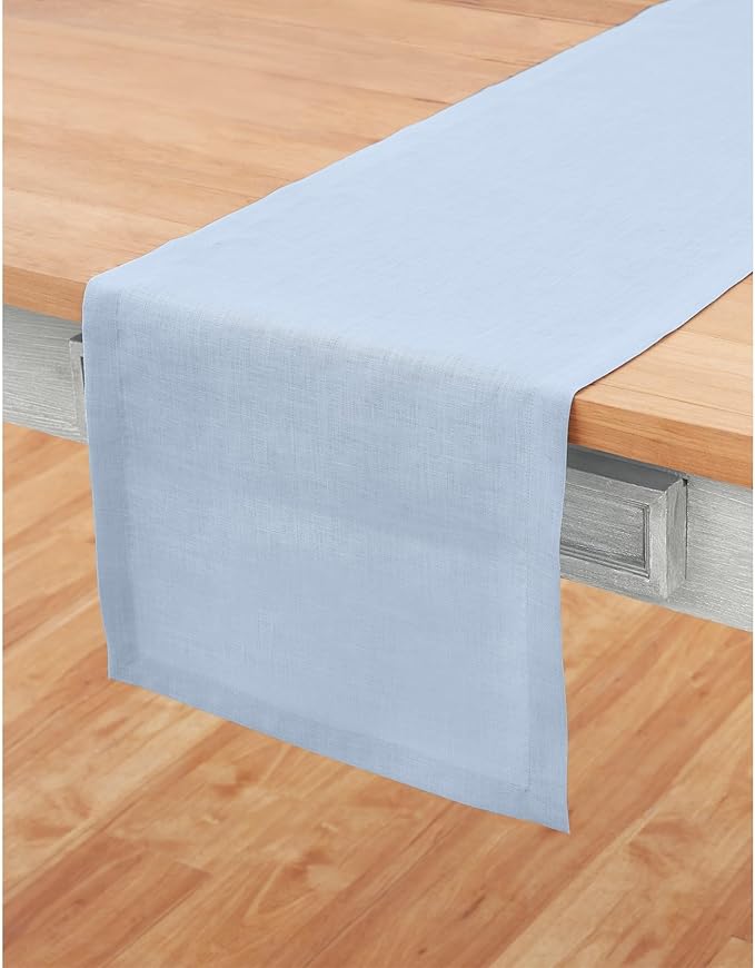 Solino Home Linen Sky Blue Table Runner 48 Inches - 100% Pure Linen Short Table Runner 14 x 48 Inch Ideal for Dresser and Coffee Tables - Fete-Ruum Studio Home
