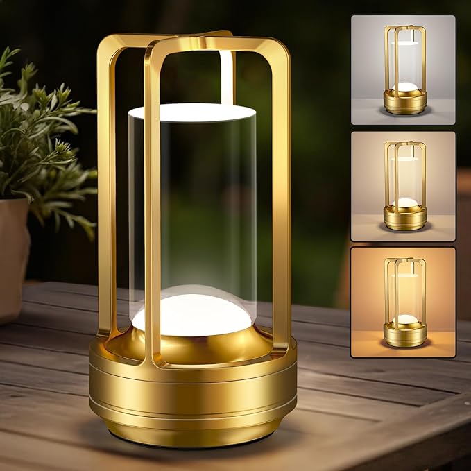 Portable Table Lamp for Outdoor Indoor: Cordless Rechargeable Desk Lamp with 3 Color Stepless Dimmable - Metal Battery Operated Small Lantern Light for Restaurant/Bedroom/Bar/Coffee Shop/Camping-Ruum Studio Home