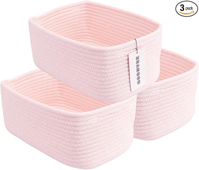 Small Woven Storage Baskets 12“X8”X5“ Decorative Rope Bins for Organizing Shelves, Closets, and Toys, Empty Gift Baskets, Cute Organizer Basket for Home and Office (pink, regular)-Ruum Studio Home