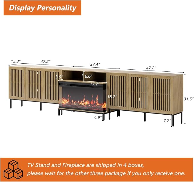 3-Sided Glass Farmhouse Fireplace TV Stand for TVs Up to 110 Inch, Oak Entertainment Center with 36" Electric Fireplace, TV Console with Storage Cabinets for Living Room-Ruum Studio Home