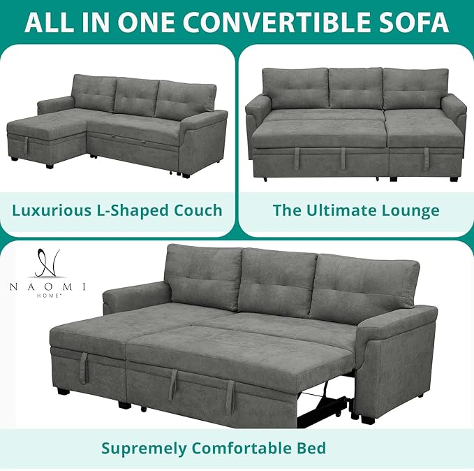 Naomi Home Transform Any Space: Sleeper Sectional Sofa with Convertible Sofa Bed & Inviting Chaise. Find Tranquil Comfort with Stress-Relieving Design & Durable Cushions - Gray/Velvet-Ruum Studio Home