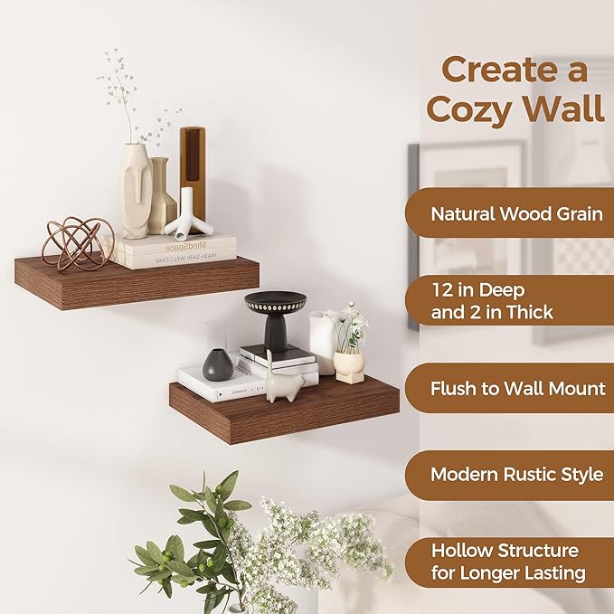 12 Inch Deep Floating Shelves, 16 x 12 Floating Shelf for Books, Rustic Wood Deep Wall Shelves for Home Storage & Display, 2" Thicked Shelves for Kitchen, Living Room, Bedroom, Walnut Color, 2 Pack-Ruum Studio Home