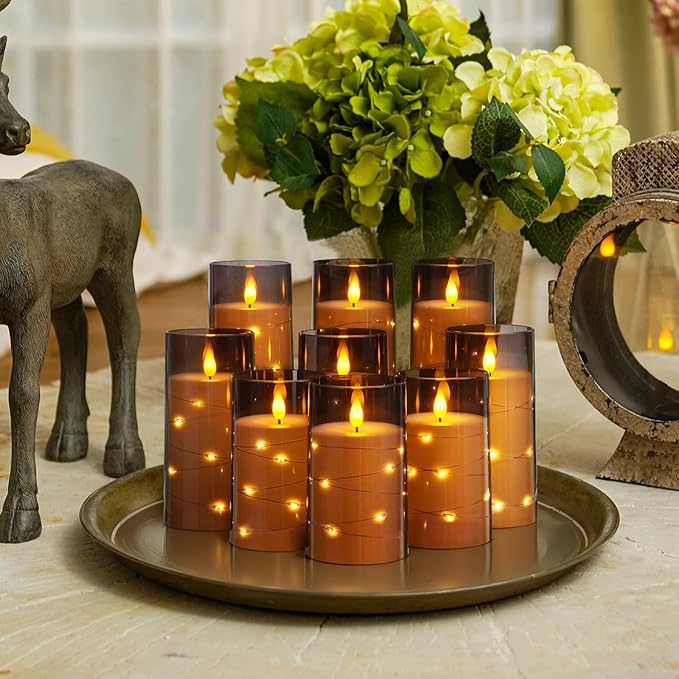 Homemory 9 Pcs Flameless Candles with Embedded Star String Fairy Lights, Battery Operated Candles, LED Fake Candles with Remote Control and Timer, Gray Acrylic-Ruum Studio Home