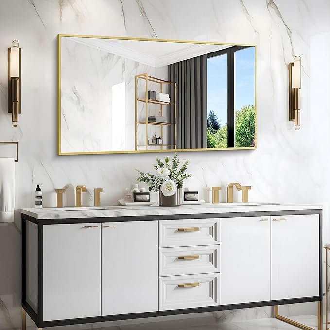 Gold Bathroom Mirror for Wall, 30x48 Inch Rectangle Mirrors with Metal Frame, Modern Vanity Wall Mirror Decor for Bathroom Living Room, Entryway Hangs Horizontal or Vertical-Ruum Studio Home