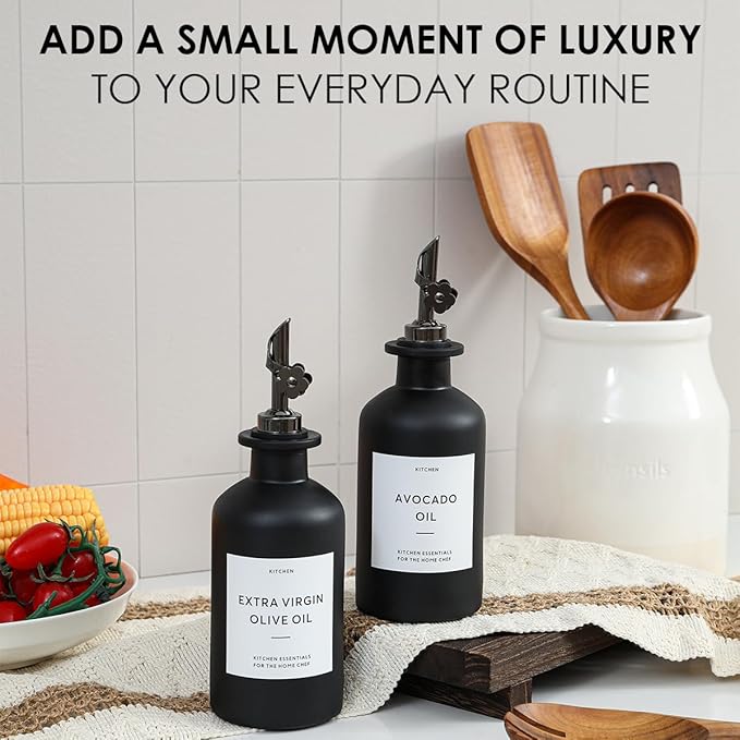 HOMCDALY Olive Oil Dispenser for Kitchen, 11.8oz Glass Kitchen Dispenser Bottle, Black Oil&Vinegar Cruet Set, Leakproof Olive Oil Bottles | Set of 2 (11.8oz – Black)-Ruum Studio Home