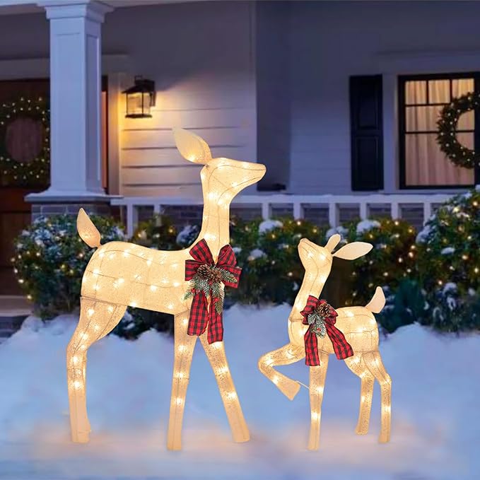 2 Pcs Reindeer Christmas Decoration, Xmas Lighted White Shimmering Doe and Fawn Display Set with 105 Warm White Lights for Yard Lawn Indoor Outdoor-Ruum Studio Home