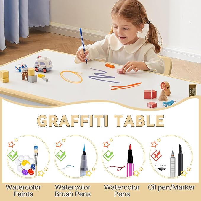 Kids Study Table and Chairs Set, Height Adjustable Toddler Table and Chair Set for Kids Ages 3-8, Graffiti Desktop (Light Brown)-Ruum Studio Home