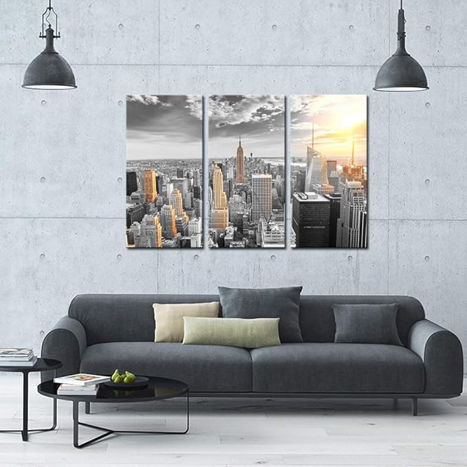 LevvArts Large 3 Piece New York City Canvas Wall Art Modern Black and White NYC at Gold Sunset Picture Prints Cityscape Skyline Poster Framed for Home Office Living Room Decor-Ruum Studio Home