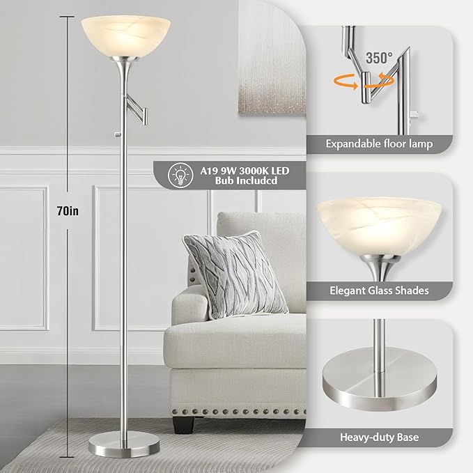 Floor Lamps for Living Room Silver, 70" Tall Standing Lamp with Glass Shade, Bedroom Floor Lamp with 350°Adjustable Swing Arm Lamp, Pole lamp for Bedroom, Living Room, Office, Bulbs Included-Ruum Studio Home