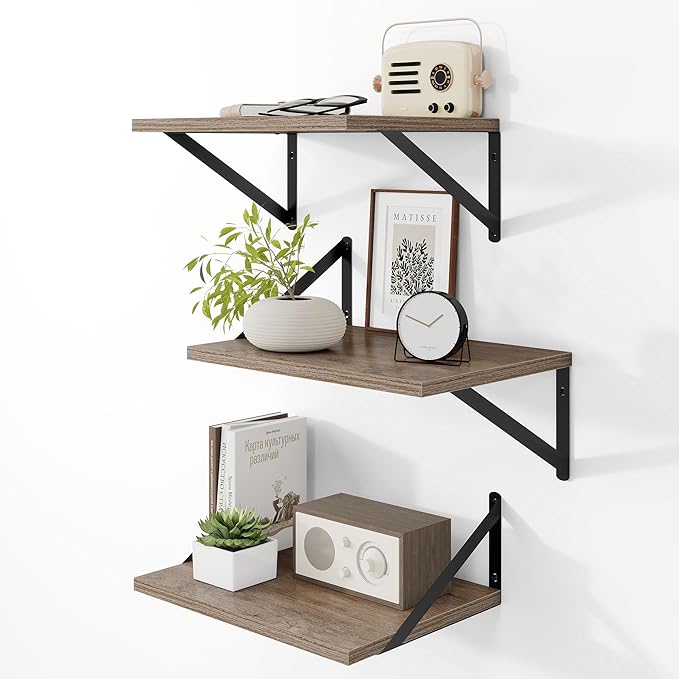 Heimlove Deep Floating Shelves for Wall, 12 Inch Deep Floating Shelves Set of 3, 16W x 12D Wood Wall Shelves, Wide Wood Shelves with Metal Bracket for Living Room, Kitchen, Office, Bedroom - Grey-Ruum Studio Home