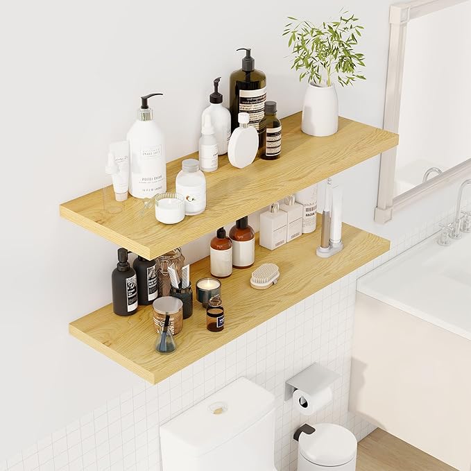 40" Floating Shelves for Wall, 12" Deep Slim Oak Floating Shelves, Wall-Mounted Shelves for Bedroom, Living Room, Kitchen, Bathroom - Set of 2-Ruum Studio Home