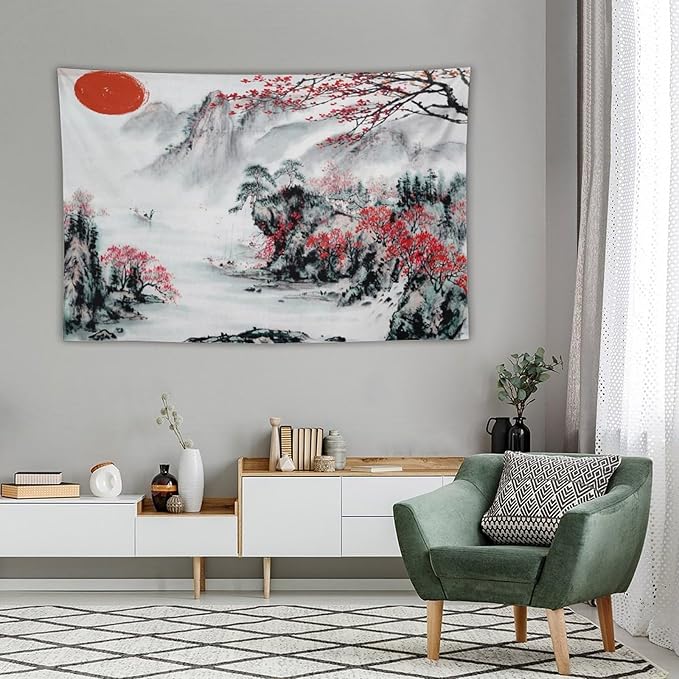Cherry Blossoms Tapestry,Japanese Red Landscape Asian Watercolor Abstract Art Tapestry, Asian Japanese Wall Tapestry, Nature Landscape Tapestries for Bedroom Living Room Decor 90"x60"-Ruum Studio Home