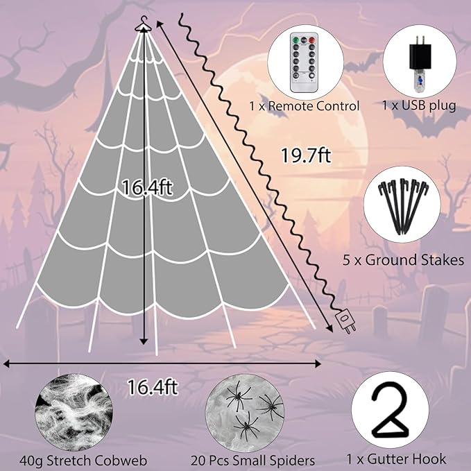 Halloween Spider Web Lights 550 LED Lighted Spider Web 16.4Ft Giant Halloween Decorations Light up with 8 Lighting Modes Waterproof & Timer for Indoor Outdoor House Haunted Yard Decor, Purple & Orange-Ruum Studio Home