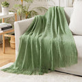 MIULEE Sage Green Knitted Throw Blanket for Couch Textured Spring Knit Blanket with Tassels Cozy Woven Boho Bed Blanket for Sofa Bed Chair Acrylic Wave Pattern 50"x60"-Ruum Studio Home