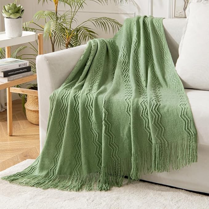 MIULEE Sage Green Knitted Throw Blanket for Couch Textured Spring Knit Blanket with Tassels Cozy Woven Boho Bed Blanket for Sofa Bed Chair Acrylic Wave Pattern 50"x60"-Ruum Studio Home