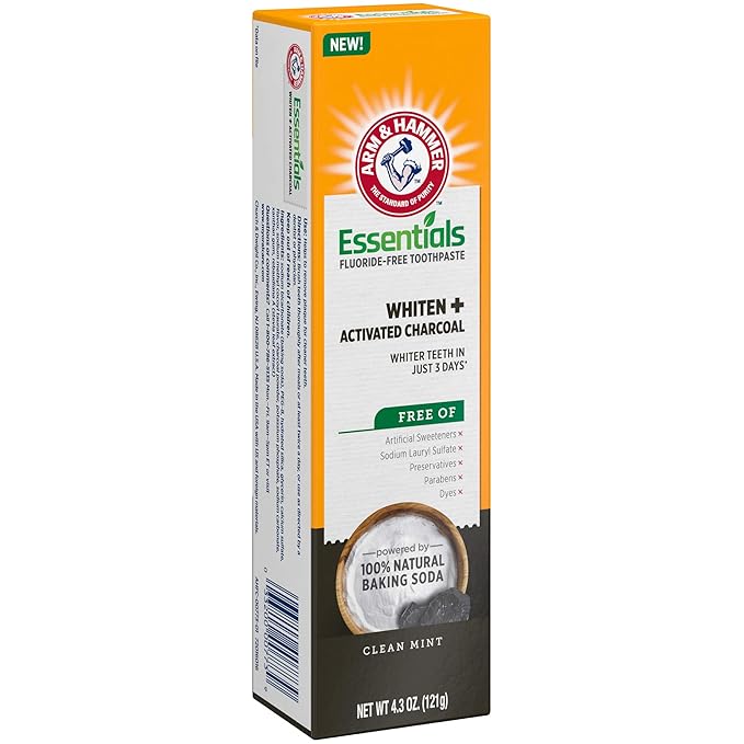 ARM & HAMMER Essentials Fluoride-Free Toothpaste Whiten + Activated Charcoal-4 Pack of 4.3oz Tubes, Clean Mint- 100% Natural Baking Soda-Ruum Studio Home