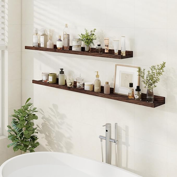 Floating Picture Ledge Shelves 55 Inch Solid Oak Wood Set of 2, Rustic Wall Storage Shelves with Lip, Kids Bookshelf, Photo & Picture Ledge Shelves for Bedroom, Living Room, Kitchen-Ruum Studio Home