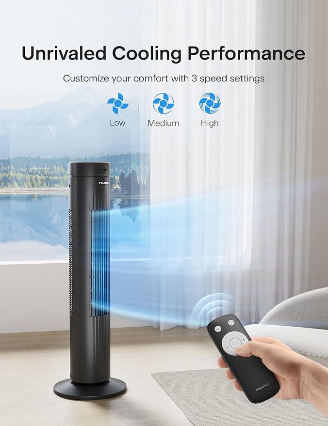 Pelonis 30-Inch Oscillating Tower Fan for Bedroom – 3 Speed, Quiet Tower Fan with Remote ControL, Small Fan, 7-Hour Timer – ETL Certified, Black-Ruum Studio Home