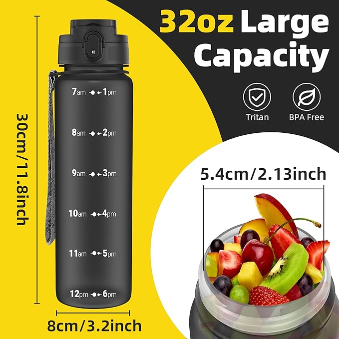 OLDLEY 32 oz Water Bottle, Motivational Water Bottle with Time Marker, Sports Water Bottle With Strap, Leakproof & BPA Free Large Water Bottles for School, Gym, Travel, Outdoor, Tritan,Black-Ruum Studio Home