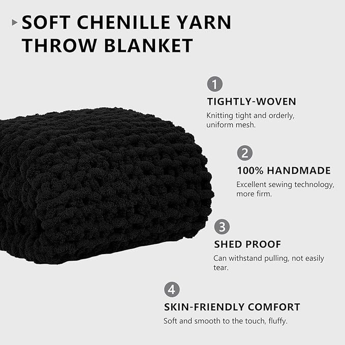 L'AGRATY Chunky Knit Blanket Throw: Soft Chenille Yarn Throw Blanket 50x60 - Handmade Thick Cable Crochet Blanket - Large Chunky Rope Throw Blanket for Couch Sofa Bed Home Decor(Black)-Ruum Studio Home